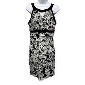 White House Black Market Midi Dress Womens 10 Blck Wht Floral Sheath Stretch Zip